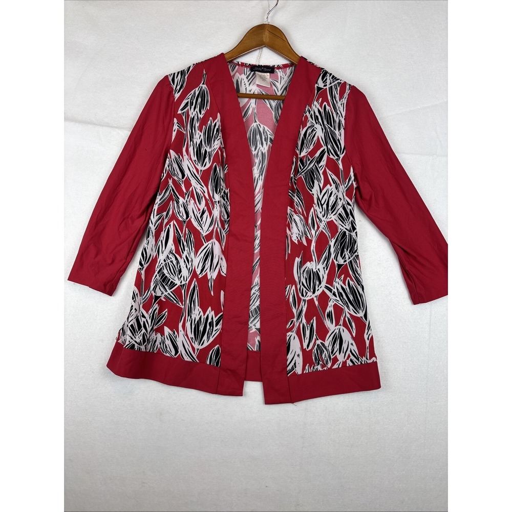 Slinky Brand XS Cardigan Top Open Front Red Black White Floral Print Jacket